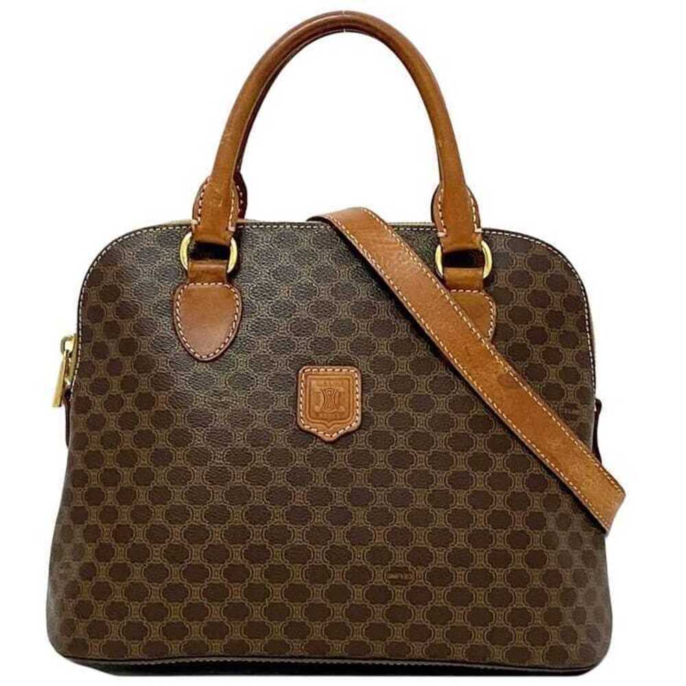 Celine Bag Brown Macadam Shoulder Top Handle Leather Zipper All over Logo